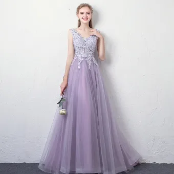 Charming Lavender Evening Dresses 2018 A Line Princess V Neck Sleeveless Appliques Lace Rhinestone Floor Length Long Ruffle Backless Formal Dresses