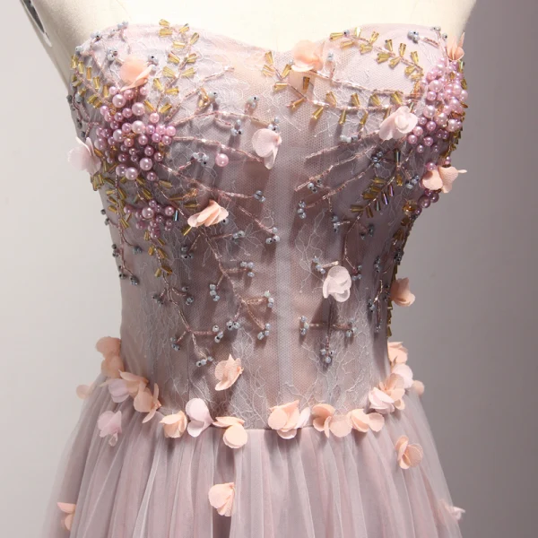 Fine Perle Rosa Selskapskjoler 2017 Prinsesse Lange Gripende Ruffles Kjæreste Uten Ermer Ryggløse Perle Beading Appliques Blomst Formelle Kjoler