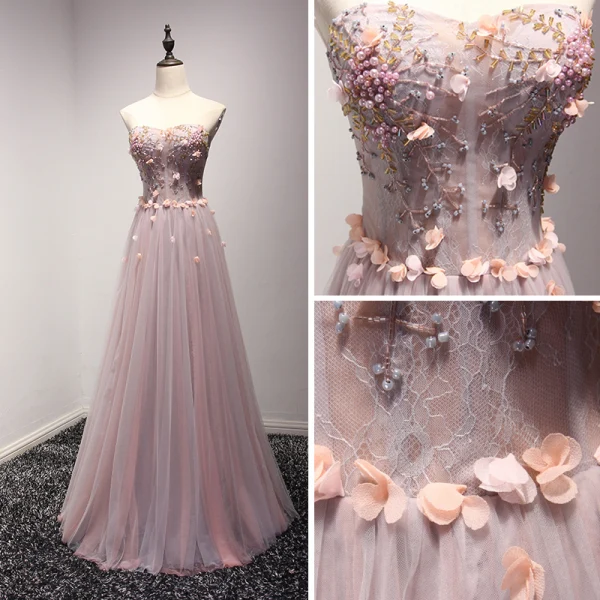 Fine Perle Rosa Selskapskjoler 2017 Prinsesse Lange Gripende Ruffles Kjæreste Uten Ermer Ryggløse Perle Beading Appliques Blomst Formelle Kjoler