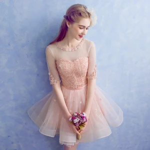Fine Perle Rosa Gjennomsiktig Festkjoler 2018 Prinsesse Scoop Halsen 1 2 Ermer Appliques Blonder Blomst Perle Rhinestone Sash Korte Buste Ryggløse Formelle Kjoler