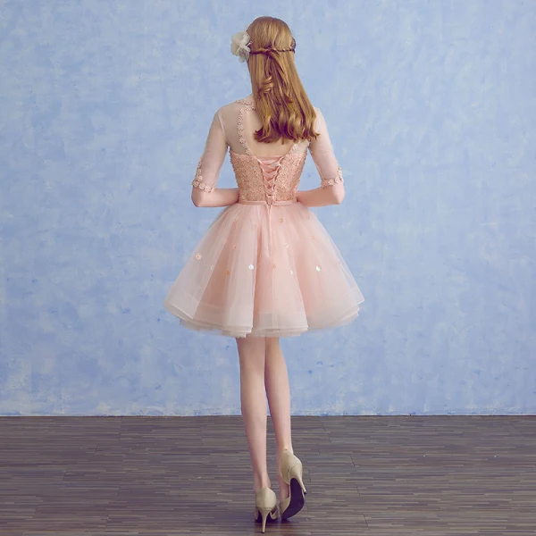 Chic / Beautiful Pearl Pink See-through Party Dresses 2018 A-Line / Princess Scoop Neck 1/2 Sleeves Appliques Lace Flower Pearl Rhinestone Sash Short Ruffle Backless Formal Dresses