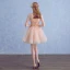 Chic / Beautiful Pearl Pink See-through Party Dresses 2018 A-Line / Princess Scoop Neck 1/2 Sleeves Appliques Lace Flower Pearl Rhinestone Sash Short Ruffle Backless Formal Dresses