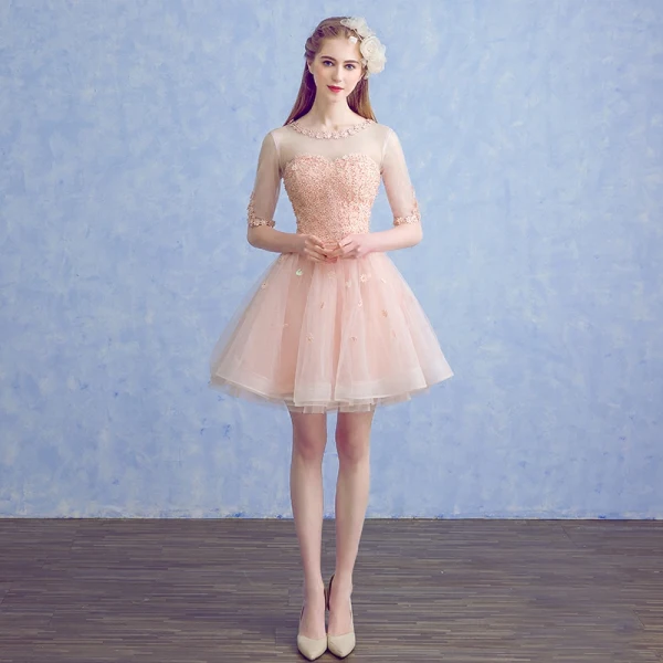 Chic / Beautiful Pearl Pink See-through Party Dresses 2018 A-Line / Princess Scoop Neck 1/2 Sleeves Appliques Lace Flower Pearl Rhinestone Sash Short Ruffle Backless Formal Dresses