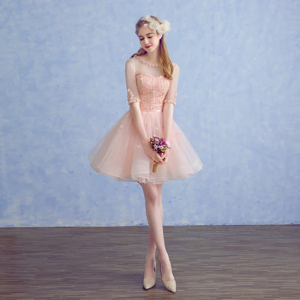 Chic / Beautiful Pearl Pink See-through Party Dresses 2018 A-Line / Princess Scoop Neck 1/2 Sleeves Appliques Lace Flower Pearl Rhinestone Sash Short Ruffle Backless Formal Dresses