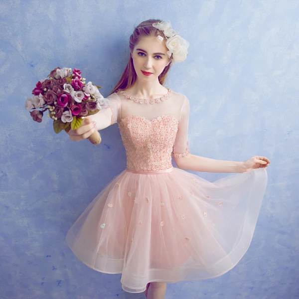 Chic / Beautiful Pearl Pink See-through Party Dresses 2018 A-Line / Princess Scoop Neck 1/2 Sleeves Appliques Lace Flower Pearl Rhinestone Sash Short Ruffle Backless Formal Dresses