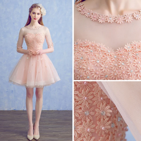 Chic / Beautiful Pearl Pink See-through Party Dresses 2018 A-Line / Princess Scoop Neck 1/2 Sleeves Appliques Lace Flower Pearl Rhinestone Sash Short Ruffle Backless Formal Dresses