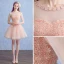 Chic / Beautiful Pearl Pink See-through Party Dresses 2018 A-Line / Princess Scoop Neck 1/2 Sleeves Appliques Lace Flower Pearl Rhinestone Sash Short Ruffle Backless Formal Dresses