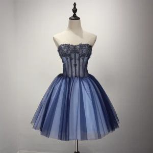Moderne Mode Bleu Marine Robe De Cocktail 2017 Volants En Cascade Courte Robe Boule Bustier Sans Manches Dos Nu Perlage Paillettes Faux Diamant Appliques Fleur Robe De Ceremonie