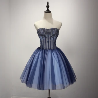Modern Fashion Navy Blue Cocktail Dresses 2017 Cascading Ruffles Short Ball Gown Strapless Sleeveless Backless Beading Sequins Rhinestone Appliques Flower Formal Dresses