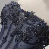Modern / Fashion Navy Blue Cocktail Dresses 2017 Cascading Ruffles Short Ball Gown Strapless Sleeveless Backless Beading Sequins Rhinestone Appliques Flower Formal Dresses