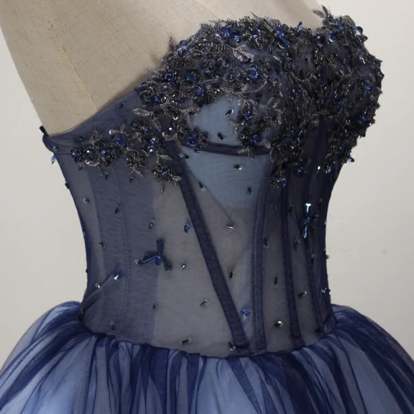 Modern / Fashion Navy Blue Cocktail Dresses 2017 Cascading Ruffles Short Ball Gown Strapless Sleeveless Backless Beading Sequins Rhinestone Appliques Flower Formal Dresses