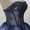 Modern / Fashion Navy Blue Cocktail Dresses 2017 Cascading Ruffles Short Ball Gown Strapless Sleeveless Backless Beading Sequins Rhinestone Appliques Flower Formal Dresses