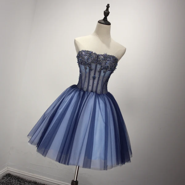 Modern / Fashion Navy Blue Cocktail Dresses 2017 Cascading Ruffles Short Ball Gown Strapless Sleeveless Backless Beading Sequins Rhinestone Appliques Flower Formal Dresses