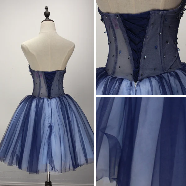 Modern / Fashion Navy Blue Cocktail Dresses 2017 Cascading Ruffles Short Ball Gown Strapless Sleeveless Backless Beading Sequins Rhinestone Appliques Flower Formal Dresses