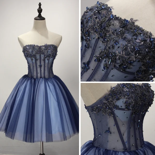 Modern / Fashion Navy Blue Cocktail Dresses 2017 Cascading Ruffles Short Ball Gown Strapless Sleeveless Backless Beading Sequins Rhinestone Appliques Flower Formal Dresses