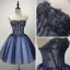 Modern / Fashion Navy Blue Cocktail Dresses 2017 Cascading Ruffles Short Ball Gown Strapless Sleeveless Backless Beading Sequins Rhinestone Appliques Flower Formal Dresses
