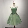 Modest / Simple Clover Green Cocktail Dresses 2017 Cascading Ruffles Short Ball Gown Sweetheart Sleeveless Backless Rhinestone Sash Formal Dresses