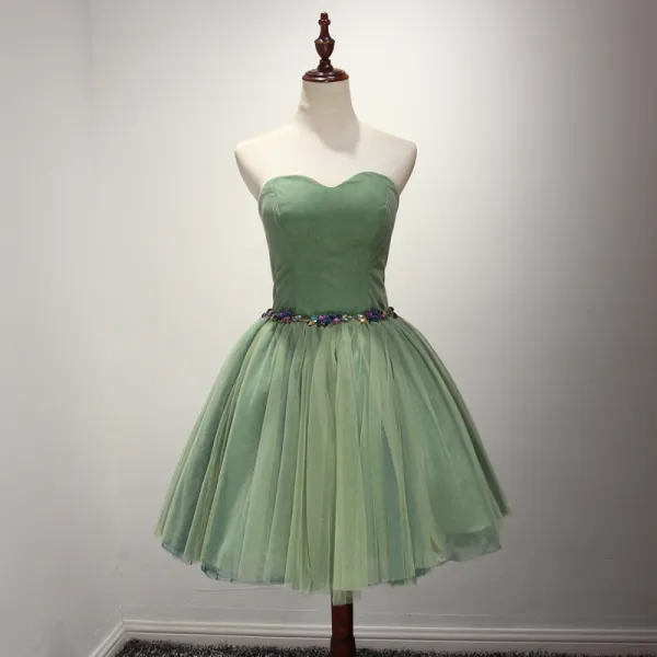 Modest / Simple Clover Green Cocktail Dresses 2017 Cascading Ruffles Short Ball Gown Sweetheart Sleeveless Backless Rhinestone Sash Formal Dresses