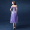 Affordable Lavender Bridesmaid Dresses 2018 A-Line / Princess Off-The-Shoulder Short Sleeve Sequins Beading Tea-length Ruffle Backless Wedding Party Dresses