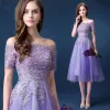 Affordable Lavender Bridesmaid Dresses 2018 A-Line / Princess Off-The-Shoulder Short Sleeve Sequins Beading Tea-length Ruffle Backless Wedding Party Dresses