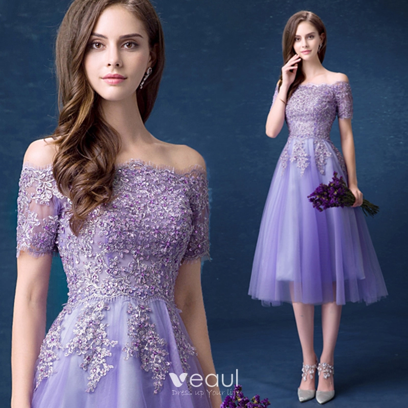 Affordable Lavender Bridesmaid Dresses 2018 A-Line / Princess Off-The-Shoulder Short Sleeve Sequins Beading Tea-length Ruffle Backless Wedding Party