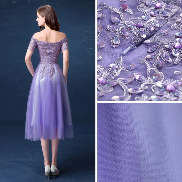 Affordable Lavender Bridesmaid Dresses 2018 A-Line / Princess Off-The-Shoulder Short Sleeve Sequins Beading Tea-length Ruffle Backless Wedding Party Dresses
