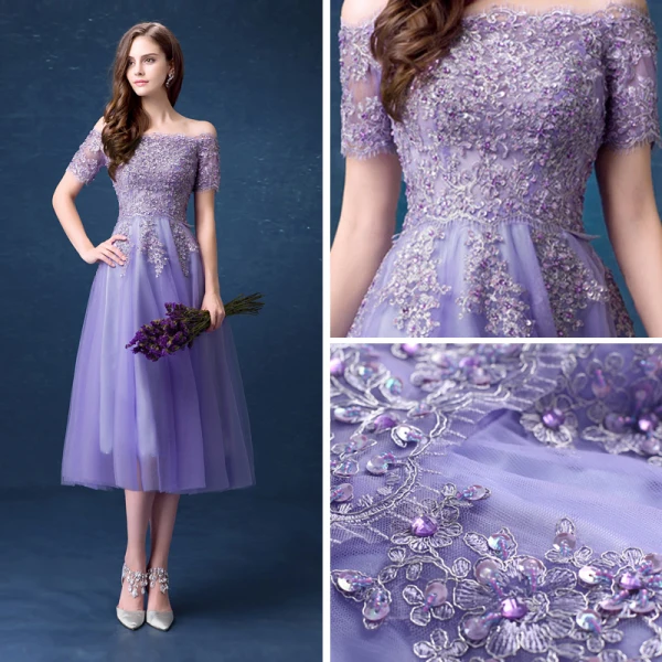 Affordable Lavender Bridesmaid Dresses 2018 A-Line / Princess Off-The-Shoulder Short Sleeve Sequins Beading Tea-length Ruffle Backless Wedding Party Dresses