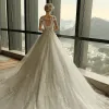 Sexy Church Hall Wedding Dresses 2017 Lace Flower Appliques Rhinestone Shoulders Short Sleeve Backless Cathedral Train White A-Line / Princess