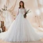 Chic / Belle Blanche Transparentes Robe De Mariée 2018 Robe Boule Encolure Dégagée Manches Longues Dos Nu Appliques En Dentelle Perle Volants Royal Train