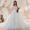 Chic / Beautiful White See-through Wedding Dresses 2018 Ball Gown Scoop Neck Long Sleeve Backless Appliques Lace Pearl Ruffle Royal Train