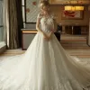 Sexy Church Hall Wedding Dresses 2017 Lace Flower Appliques Rhinestone Shoulders Short Sleeve Backless Cathedral Train White A-Line / Princess