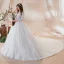 Chic / Belle Blanche Transparentes Robe De Mariée 2018 Robe Boule Encolure Dégagée Manches Longues Dos Nu Appliques En Dentelle Perle Volants Royal Train