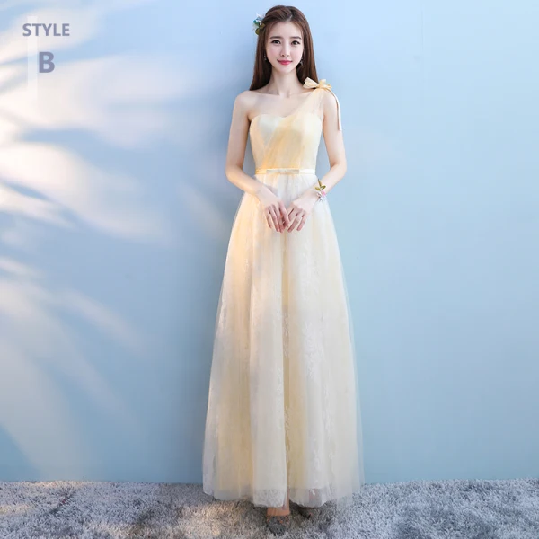 Discount Champagne Bridesmaid Dresses 2018 A Line Princess Appliques Lace  Bow Sash Floor Length Long Ruffle Backless Wedding Party Dresses