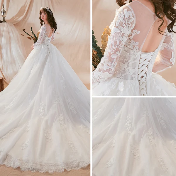 Chic / Belle Blanche Transparentes Robe De Mariée 2018 Robe Boule Encolure Dégagée Manches Longues Dos Nu Appliques En Dentelle Perle Volants Royal Train