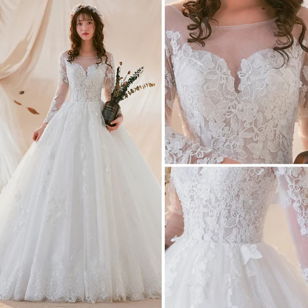 Chic / Belle Blanche Transparentes Robe De Mariée 2018 Robe Boule Encolure Dégagée Manches Longues Dos Nu Appliques En Dentelle Perle Volants Royal Train
