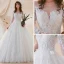 Chic / Belle Blanche Transparentes Robe De Mariée 2018 Robe Boule Encolure Dégagée Manches Longues Dos Nu Appliques En Dentelle Perle Volants Royal Train