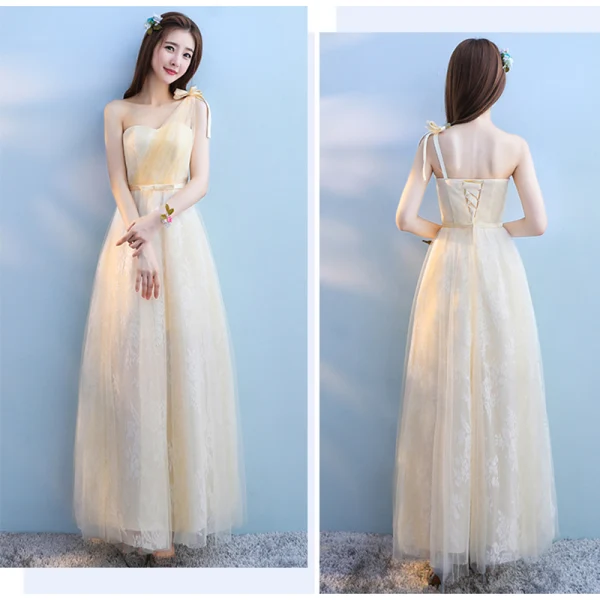 Discount Champagne Bridesmaid Dresses 2018 A-Line / Princess Appliques Lace Bow Sash Floor-Length / Long Ruffle Backless Wedding Party Dresses