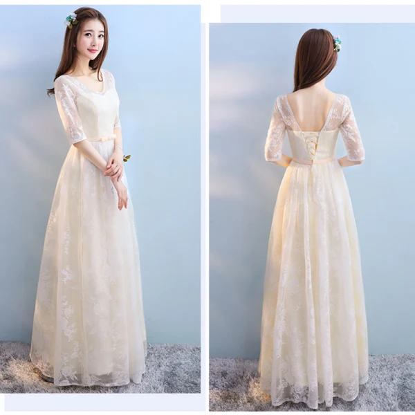 Discount Champagne Bridesmaid Dresses 2018 A-Line / Princess Appliques Lace Bow Sash Floor-Length / Long Ruffle Backless Wedding Party Dresses