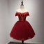 Modern / Fashion Red Party Dresses 2017 Cascading Ruffles Short Ball Gown Off-The-Shoulder Short Sleeve Backless Lace Appliques Beading Bow Sash Formal Dresses