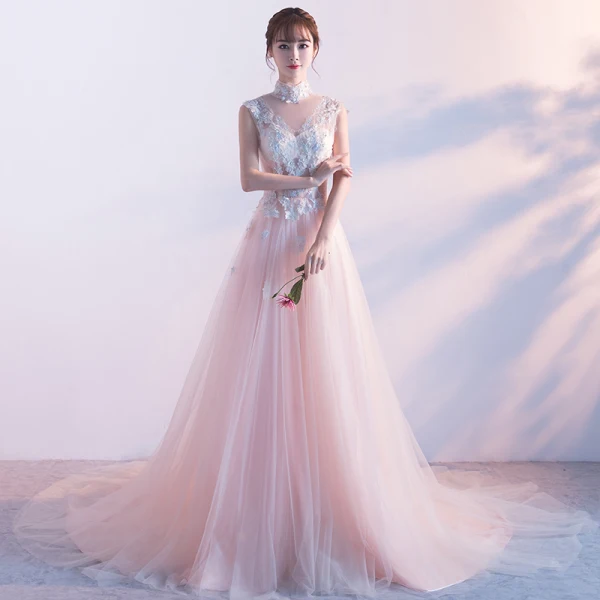 Elegante Parel Roze Doorzichtige Avondjurken 2018 A lijn Hoge Kraag Mouwloos Parel Appliques Kant Doorboord Chapel Train Ruche Gelegenheid Jurken