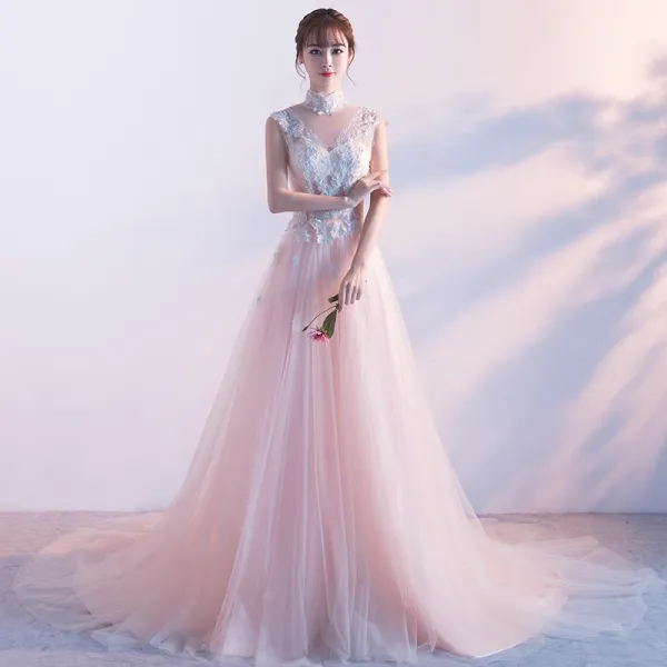 Elegant Pearl Pink See-through Evening Dresses  2018 A-Line / Princess High Neck Sleeveless Pearl Appliques Lace Pierced Chapel Train Ruffle Formal Dresses