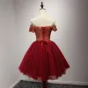 Modern / Fashion Red Party Dresses 2017 Cascading Ruffles Short Ball Gown Off-The-Shoulder Short Sleeve Backless Lace Appliques Beading Bow Sash Formal Dresses