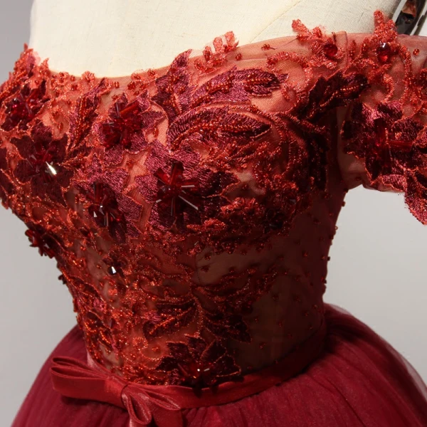 Modern / Fashion Red Party Dresses 2017 Cascading Ruffles Short Ball Gown Off-The-Shoulder Short Sleeve Backless Lace Appliques Beading Bow Sash Formal Dresses