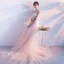 Elegante Parel Roze Doorzichtige Avondjurken 2018 A lijn Hoge Kraag Mouwloos Parel Appliques Kant Doorboord Chapel Train Ruche Gelegenheid Jurken