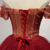Modern / Fashion Red Party Dresses 2017 Cascading Ruffles Short Ball Gown Off-The-Shoulder Short Sleeve Backless Lace Appliques Beading Bow Sash Formal Dresses