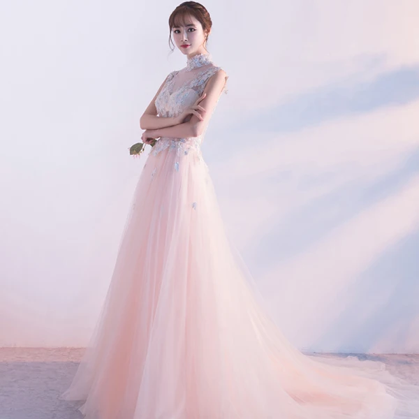 Elegante Parel Roze Doorzichtige Avondjurken 2018 A lijn Hoge Kraag Mouwloos Parel Appliques Kant Doorboord Chapel Train Ruche Gelegenheid Jurken