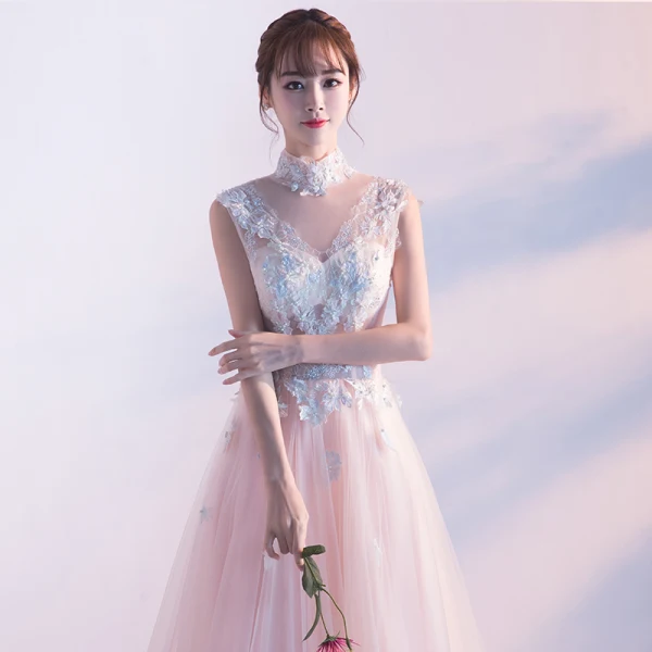 Elegante Parel Roze Doorzichtige Avondjurken 2018 A lijn Hoge Kraag Mouwloos Parel Appliques Kant Doorboord Chapel Train Ruche Gelegenheid Jurken