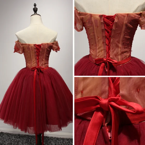 Modern / Fashion Red Party Dresses 2017 Cascading Ruffles Short Ball Gown Off-The-Shoulder Short Sleeve Backless Lace Appliques Beading Bow Sash Formal Dresses