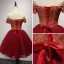 Modern / Fashion Red Party Dresses 2017 Cascading Ruffles Short Ball Gown Off-The-Shoulder Short Sleeve Backless Lace Appliques Beading Bow Sash Formal Dresses