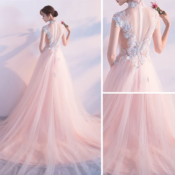 Elegante Parel Roze Doorzichtige Avondjurken 2018 A lijn Hoge Kraag Mouwloos Parel Appliques Kant Doorboord Chapel Train Ruche Gelegenheid Jurken